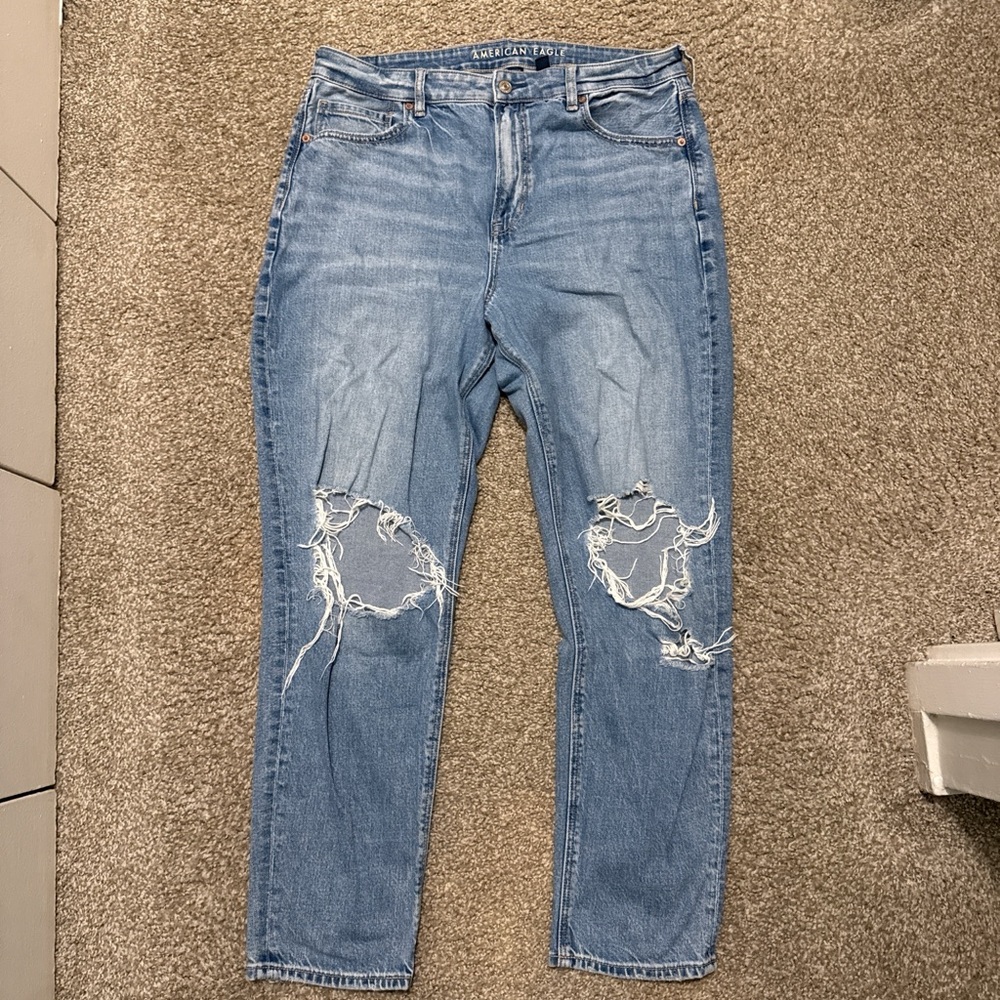 American Eagle Blue Ripped Distressed High-Waisted Mom Jeans